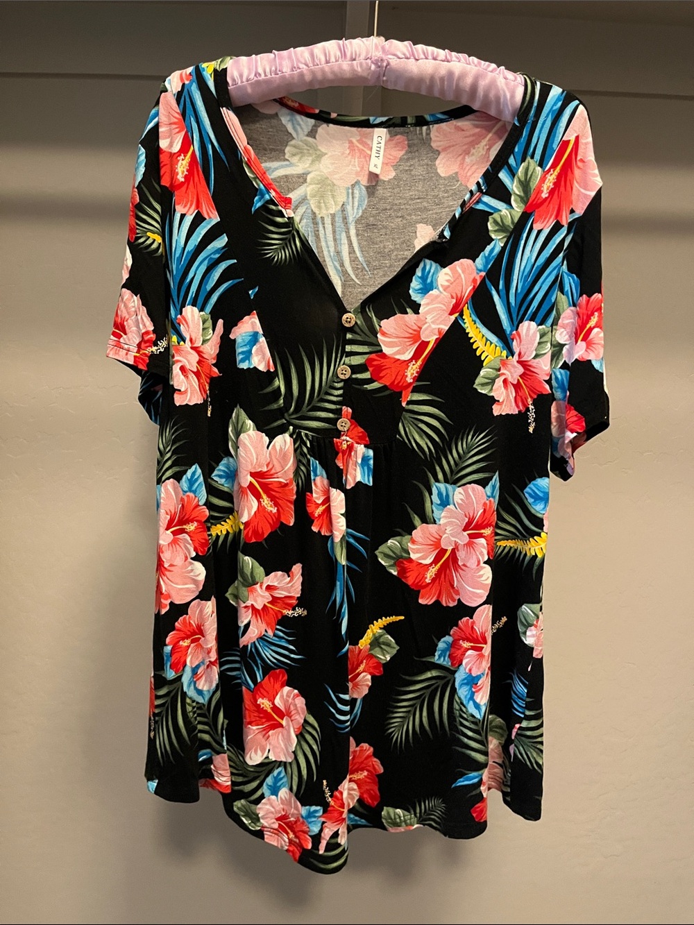 Black Floral V-Neck Tunic with Pink & Red Blooms